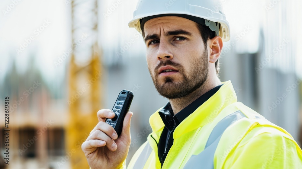 A detailed view of a construction foreman in a white hard hat and high-visibility jacket, holding a walkie-talkie and looking directly at the camera, Construction site scene A detailed view of a construction foreman in a white hard hat and high-visibility jacket, holding a walkie-talkie and looking directly at the camera, Construction site scene
