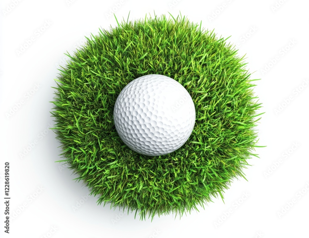 Golf ball resting on a green grass circle. Golf ball resting on a green grass circle.