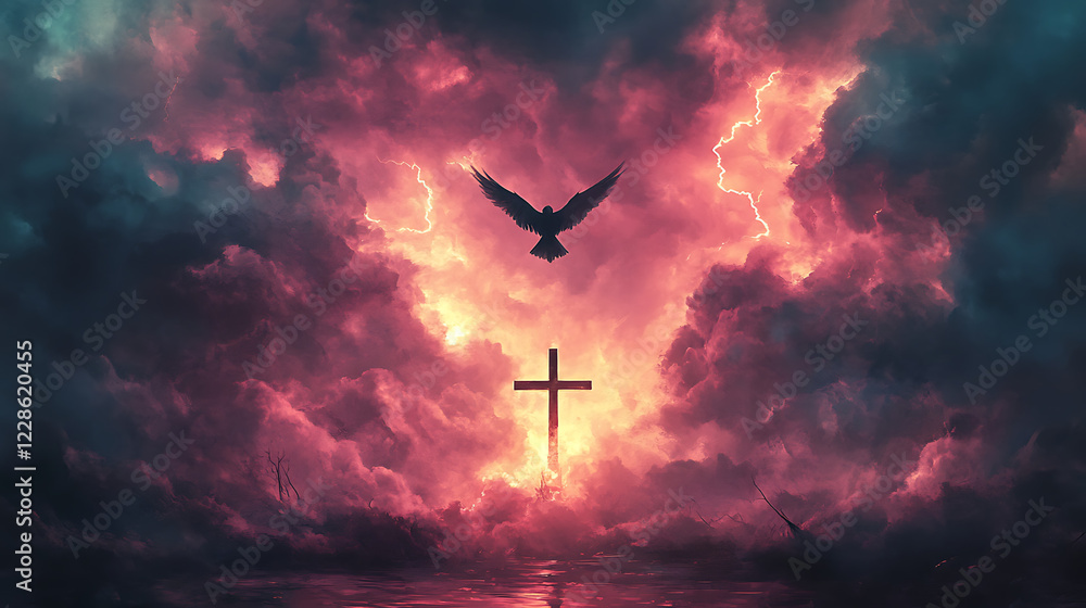 Naklejka premium A solitary bird soaring over a cross silhouetted against a turbulent sky, storm clouds glowing faintly with lightning, the atmosphere somber and reflective, cinematic composition,