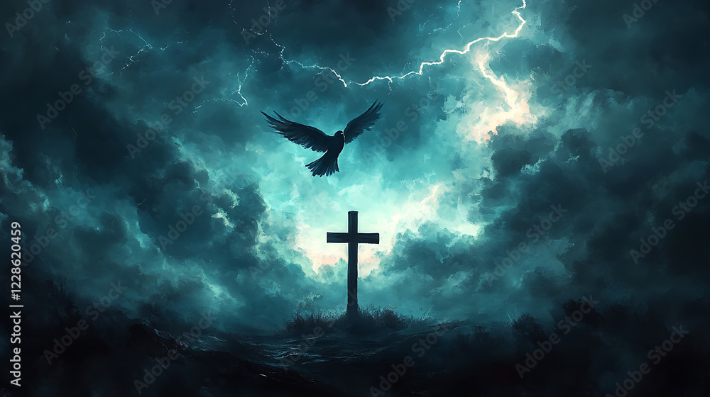 Naklejka premium A solitary bird soaring over a cross silhouetted against a turbulent sky, storm clouds glowing faintly with lightning, the atmosphere somber and reflective, cinematic composition,