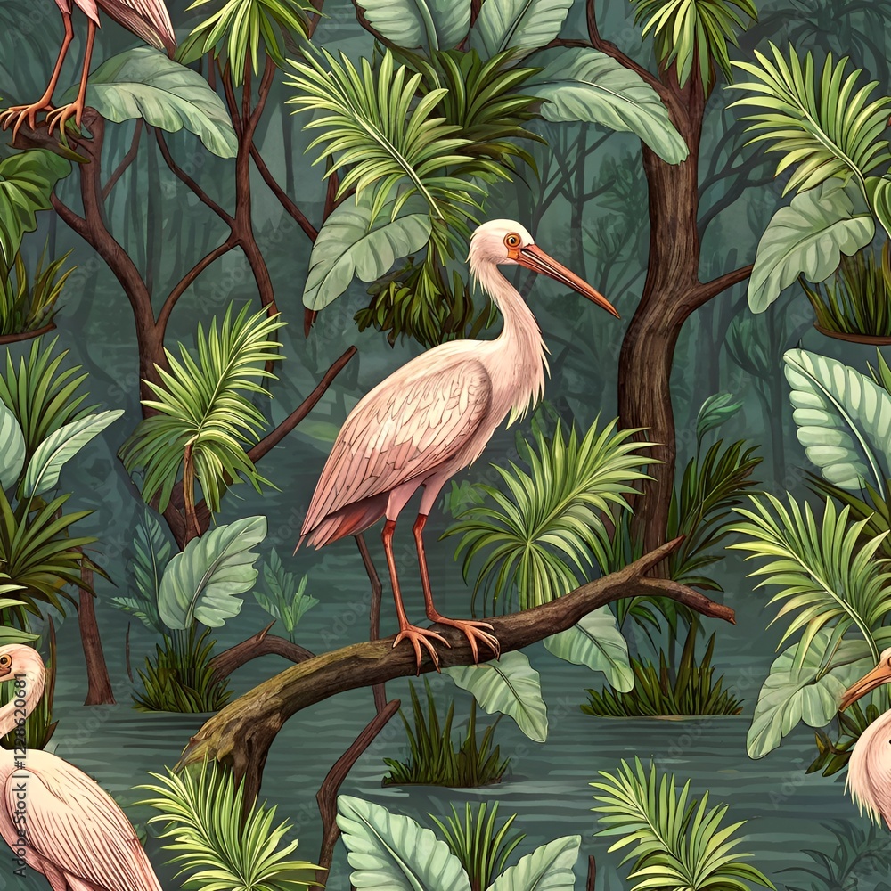 Fototapeta premium Seamless heron perched on a branch surrounded by nature. It has white-pink feathers and a long beak. in tropical jungle environments for attaching wallpaper, fabric or decorative textiles to cards