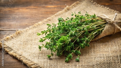 bundle of fresh thyme on sackcloth, floral arrangement, fresh herbs,  floral arrangement