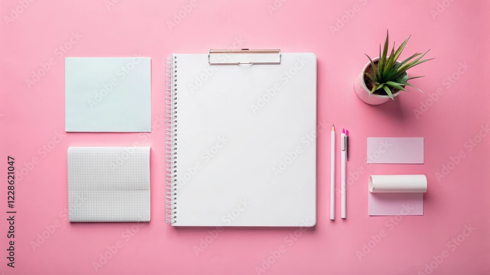 Minimalist pink background with a white portfolio layout and a few scattered papers, office decor, tidy workspace Minimalist pink background with a white portfolio layout and a few scattered papers, office decor, tidy workspace