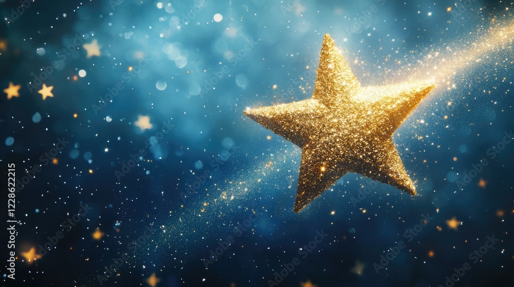 A brilliant shooting star made of gold stars, set against a dreamy blue sky-like background. A brilliant shooting star made of gold stars, set against a dreamy blue sky-like background.