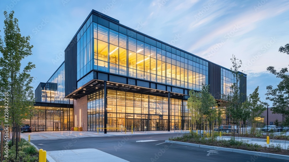 A bright and functional warehouse building with glass details and well-organized loading docks A bright and functional warehouse building with glass details and well-organized loading docks
