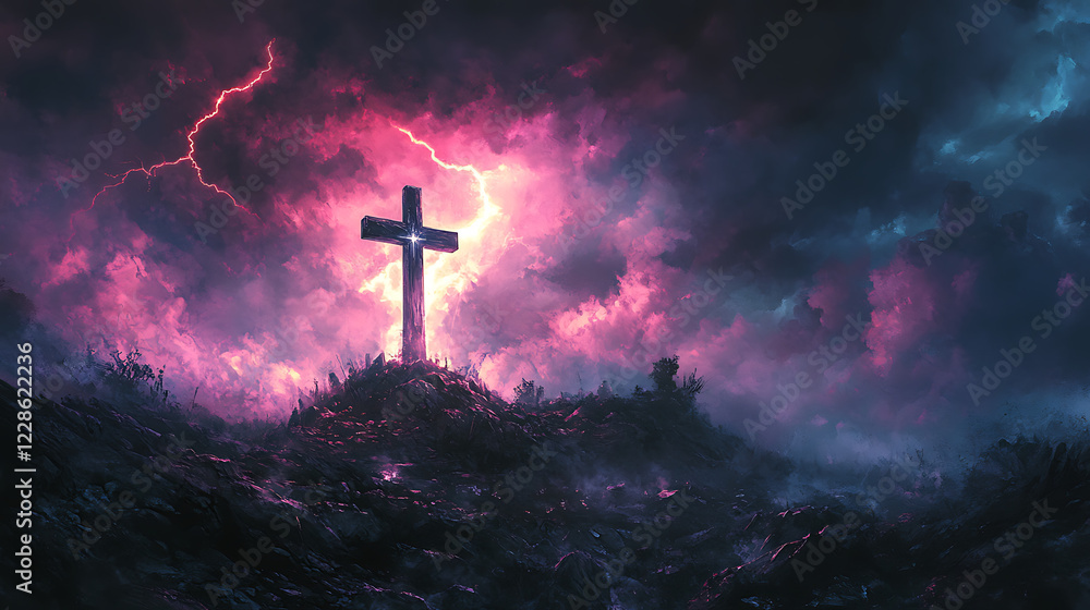 Fototapeta premium A vivid depiction of a cross on a hill, a lightning strike splitting the dark sky, the cross bathed in bright, momentary light, the landscape desolate and shadowed,