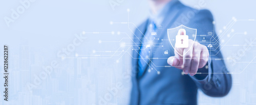 Obraz na plátně Cyber security protection program to protect password login information on websites and online internet networks securely and confidentially to prevent hackers from accessing financial information
