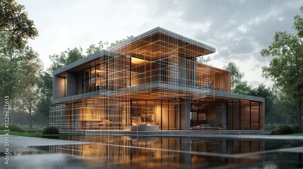 Modern house with wireframe overlay, reflecting in pool. Illustrates architectural design, home building, or real estate concepts. Modern house with wireframe overlay, reflecting in pool. Illustrates architectural design, home building, or real estate concepts.