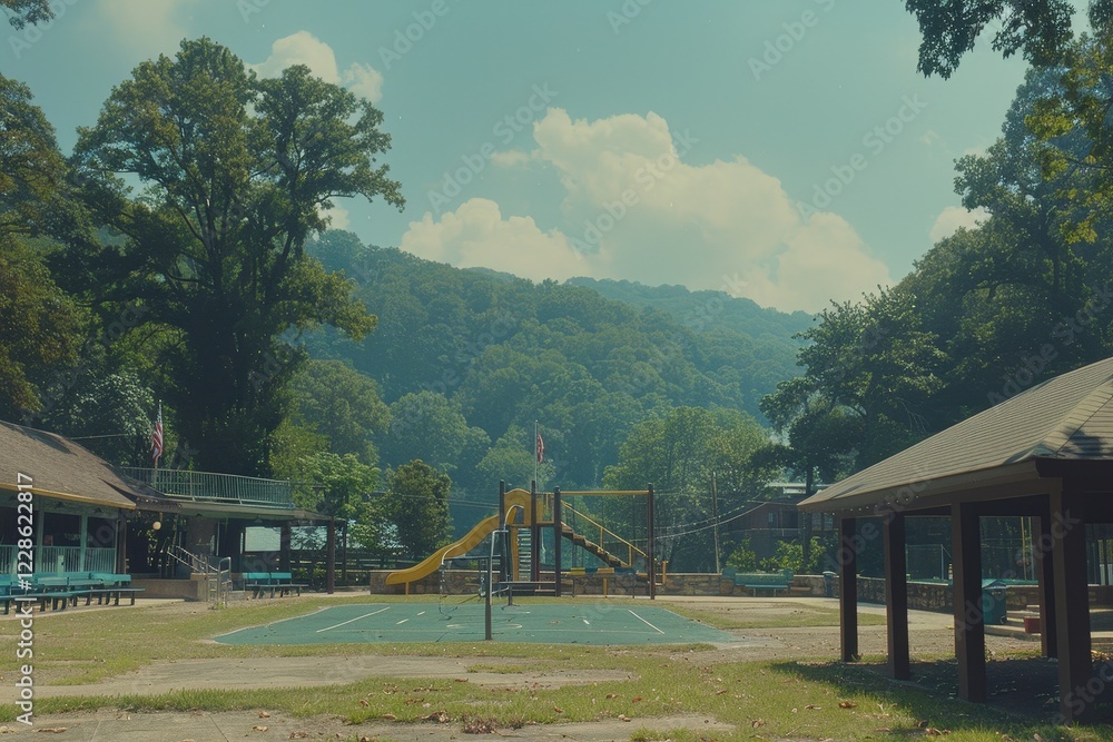 An empty playground surrounded by trees and hills, featuring slides and swings under a clear blue sky. An empty playground surrounded by trees and hills, featuring slides and swings under a clear blue sky.