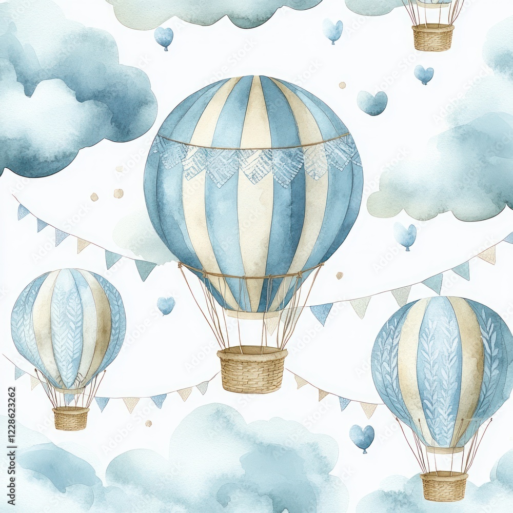 Obraz premium Watercolor Hot Air Balloon Seamless Pattern with Stars and Kites for Children