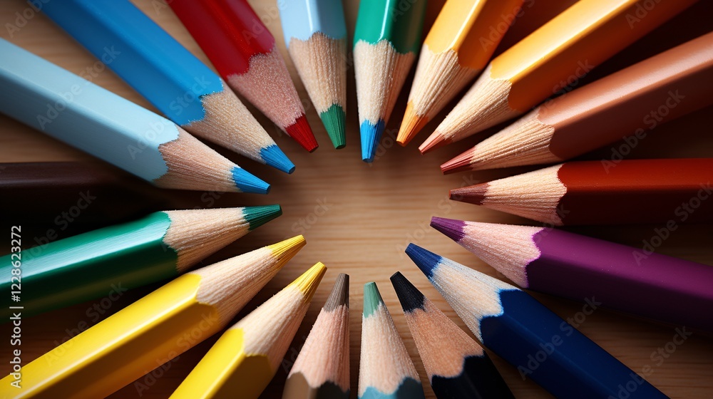 Naklejka premium Colored pencils laid out in a perfect circle forming a wheel shape