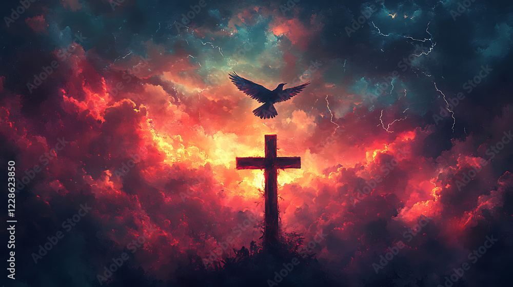A vivid scene of a bird in flight above a cross, the darkened sky swirling with clouds and occasional flashes of lightning, the atmosphere filled with symbolism and cinematic drama, A vivid scene of a bird in flight above a cross, the darkened sky swirling with clouds and occasional flashes of lightning, the atmosphere filled with symbolism and cinematic drama,