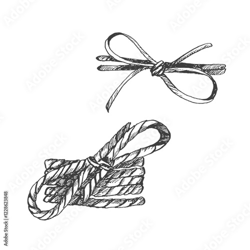 Rope tied in a bow. Graphic illustration. Vector set of two nodes. Hand drawn cordage, knot, cord. Used for composition with flowers, bunch of greenery, packaging product and gift