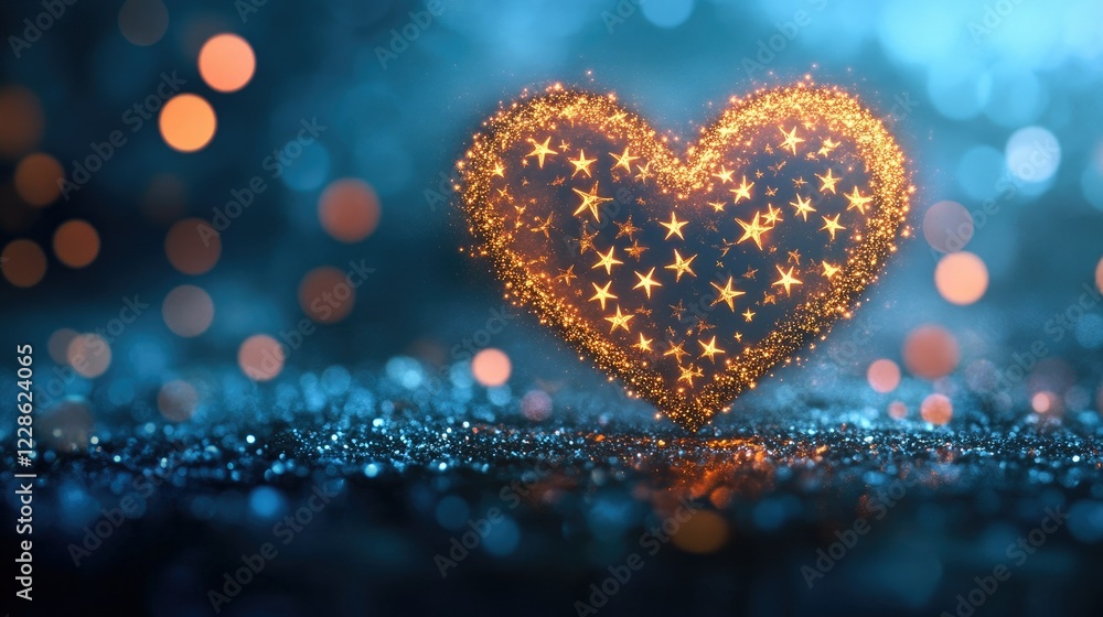 Fototapeta premium A glowing heart of gold stars, perfectly centered on a tranquil blue bokeh design.