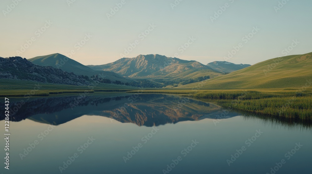 Serene mountain landscape reflecting in calm waters at sunrise, showcasing nature's tranquility Serene mountain landscape reflecting in calm waters at sunrise, showcasing nature's tranquility