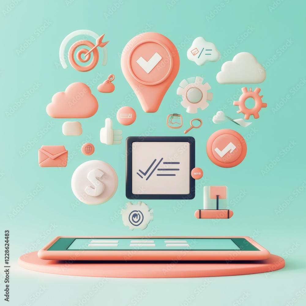 Colorful Digital Icons with Tablet on Soft Green Background