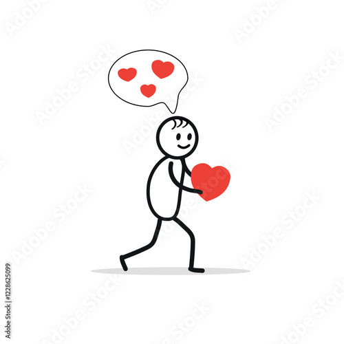 The happy little man carries a heart icon, a Valentine's day symbol, a sketch, and a pictogram of a human figure