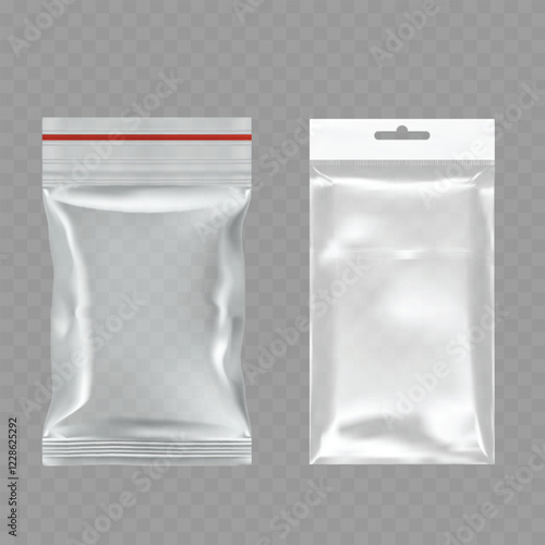 Realistic Transparent Plastic Packaging Bags Mockup Set on Transparent Background Vector