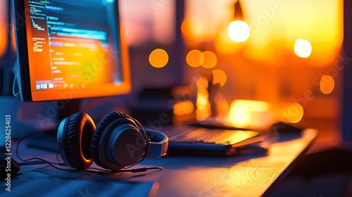 Sunset-lit desk with computer, headphones, and keyboard; programmer's workspace.