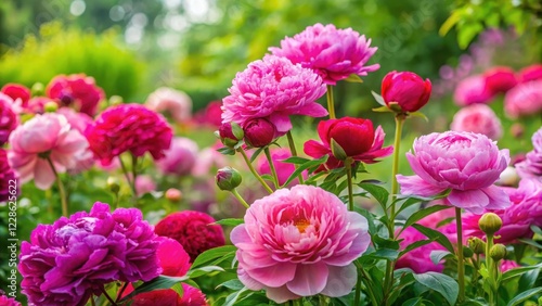 Fototapeta Naklejka Na Ścianę i Meble -  Vibrant pink peonies and roses in a lush garden setting surrounded by greenery and vibrant flowers, vibrant, florals