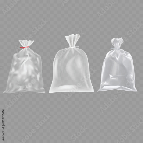 Realistic Transparent Plastic Garbage and Storage Bags Set on Transparent Background Vector
