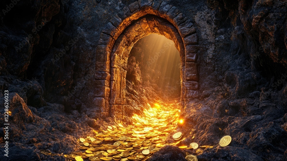 Fototapeta premium A mystical arched stone doorway unveiling a trail of gold coins glowing warmly, with textured stone walls adding an ancient vibe