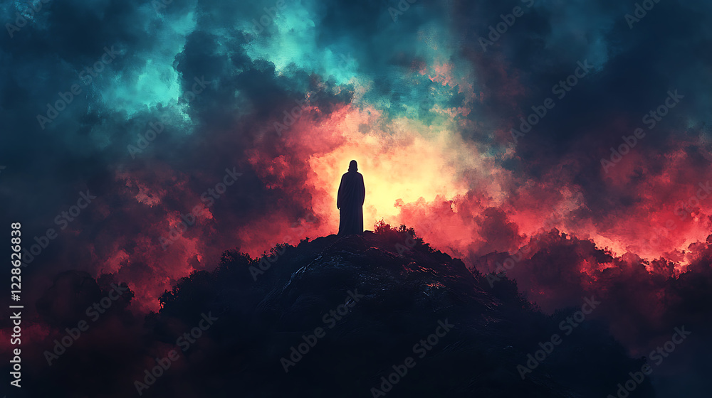 Fototapeta premium Jesus excoriated on a hill, His figure illuminated by the last rays of sunlight, the sky transitioning into deep blues and blacks, dark clouds rolling in, vivid contrasts of light and shadow,