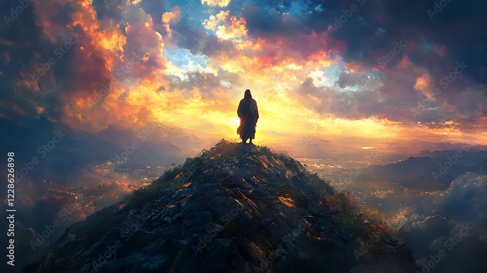 Fototapeta premium Jesus excoriated on a hill, His figure illuminated by the last rays of sunlight, the sky transitioning into deep blues and blacks, dark clouds rolling in, vivid contrasts of light and shadow,