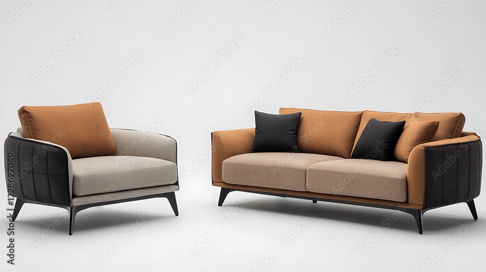 Fototapeta premium Modern Two-Tone Sofa and Armchair Set: Elegant Home Furniture