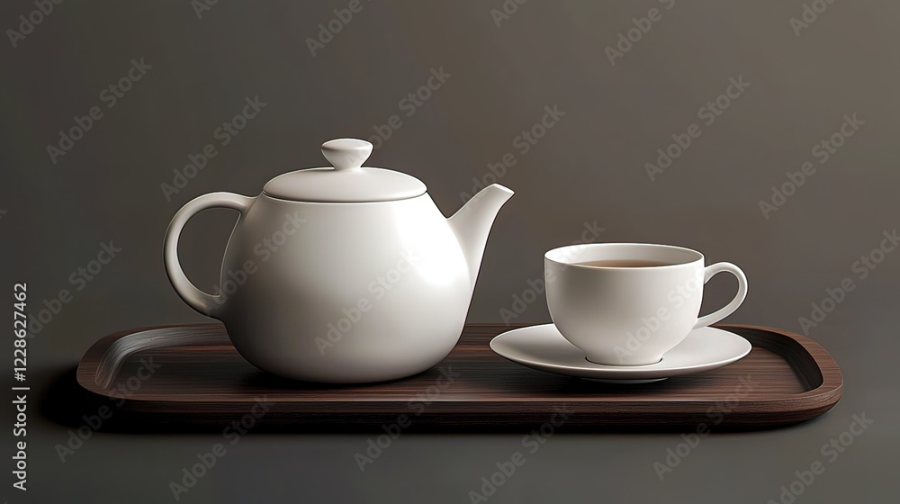 White teapot and teacup on wooden tray, dark background. White teapot and teacup on wooden tray, dark background.