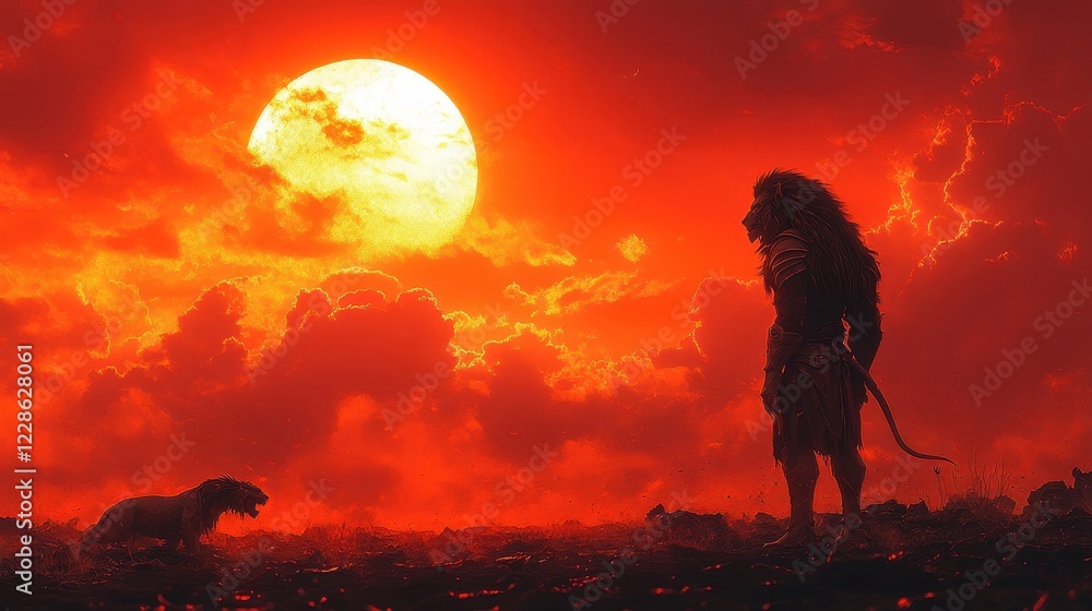 A lion and a warrior stand against a fiery sunset backdrop. A lion and a warrior stand against a fiery sunset backdrop.