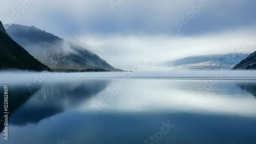 Serene reflection of mountains and mist over tranquil lake during early morning hours