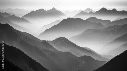 Serene black and white mountain landscape with layered peaks and misty valleys at dawn