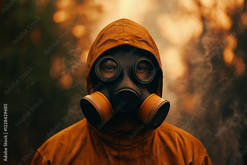 man in gas mask wearing orange hooded jacket stands in smoky, post apocalyptic environment. atmosphere is tense and mysterious, evoking sense of survival man in gas mask wearing orange hooded jacket stands in smoky, post apocalyptic environment. atmosphere is tense and mysterious, evoking sense of survival