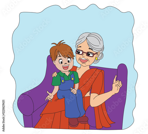 Grandmother Sitting with Her Grandson Heartwarming Family Conversation Vector Illustration.