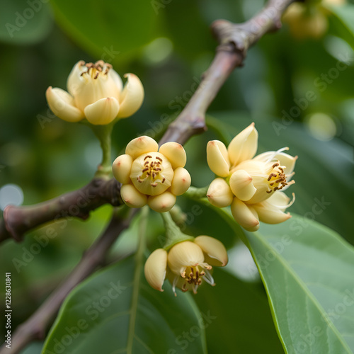 Nutmeg flower buds, myristica fragans, on a tree branch, female carpellate flowers photo