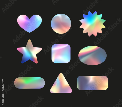 Holographic stickers vector set, holographic metal foil tags, badges, labels of various shapes, stamps rainbow effect