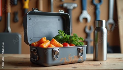 Industrial Lunchbox with Fresh Vegetables and Protein Meal photo