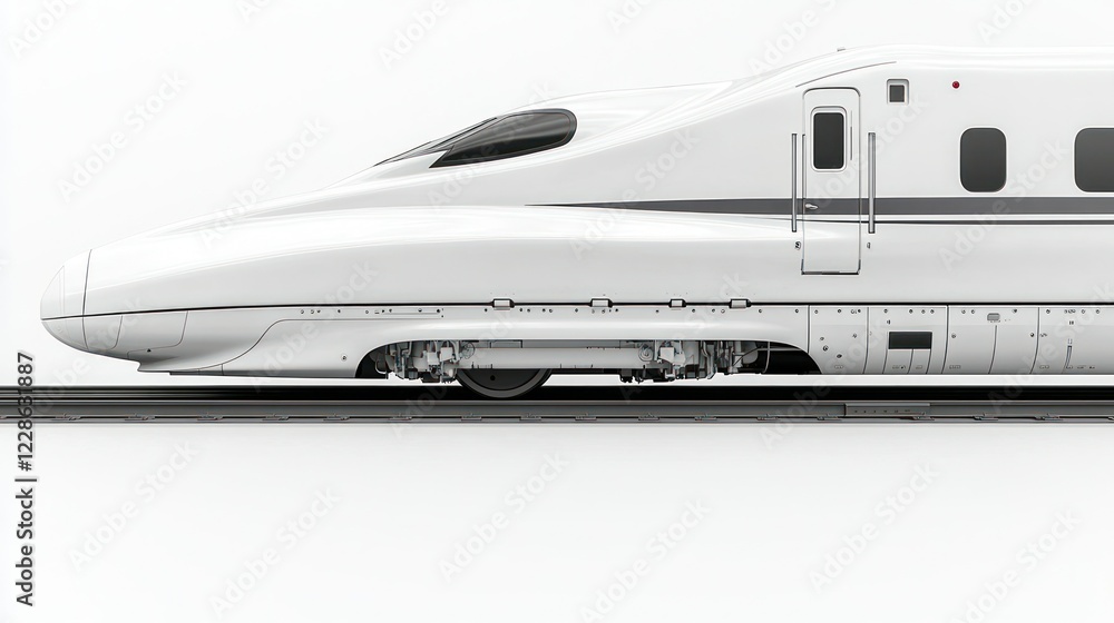 White high-speed train on tracks, side view, blank background White high-speed train on tracks, side view, blank background