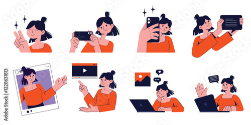 Vector female content creator in various poses
