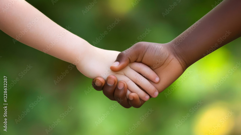close up of child hand holding another child hand, symbolizing friendship and unity. contrasting skin tones highlight diversity and connection in natural setting close up of child hand holding another child hand, symbolizing friendship and unity. contrasting skin tones highlight diversity and connection in natural setting