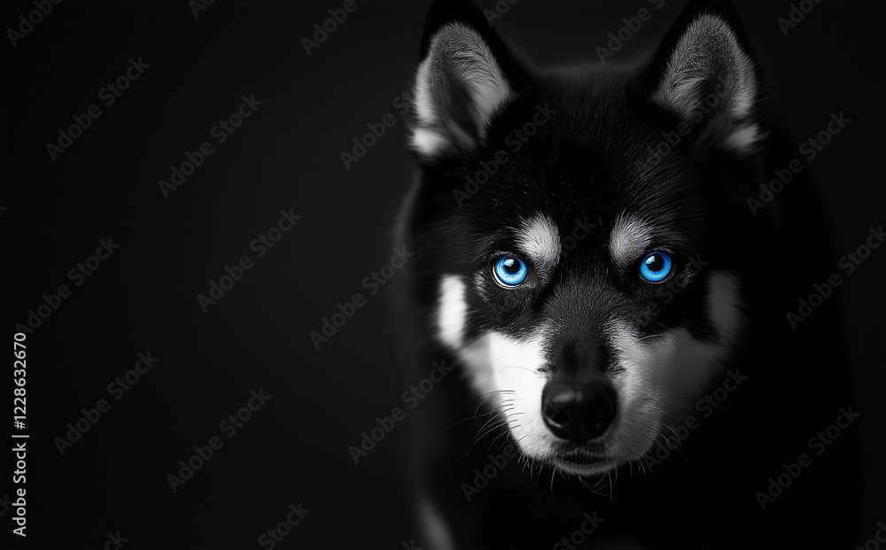 Fototapeta premium striking black and white macro photograph of husky with captivating blue eyes, showcasing its intense gaze and unique features. image evokes sense of mystery and allure