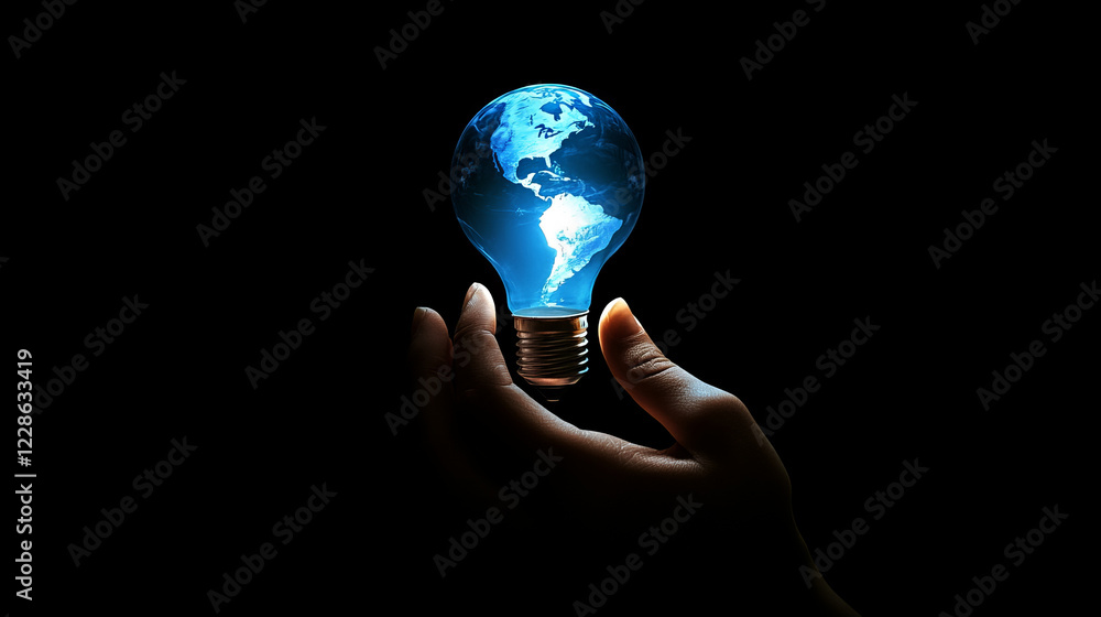person holding glowing light bulb with world map inside, symbolizing innovation and sustainability. image evokes sense of hope and responsibility for planet person holding glowing light bulb with world map inside, symbolizing innovation and sustainability. image evokes sense of hope and responsibility for planet