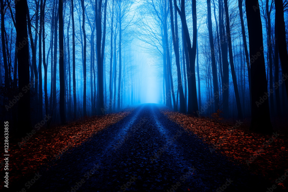 Fototapeta premium dark, wintry forest road shrouded in fog, evoking sense of mystery and solitude. eerie blue tones and fallen leaves create haunting atmosphere