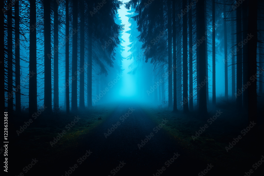 Fototapeta premium dark, wintry forest road shrouded in fog, evoking sense of mystery and tranquility. tall trees create serene atmosphere, inviting exploration into unknown