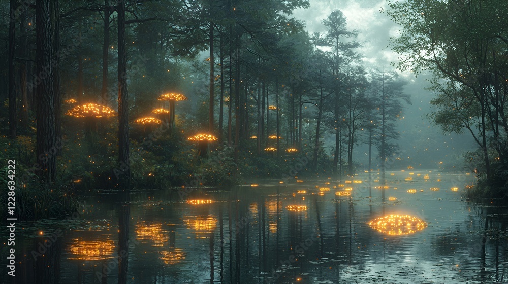 Fototapeta premium Glowing mushrooms illuminate a misty forest river at dawn; fantasy background