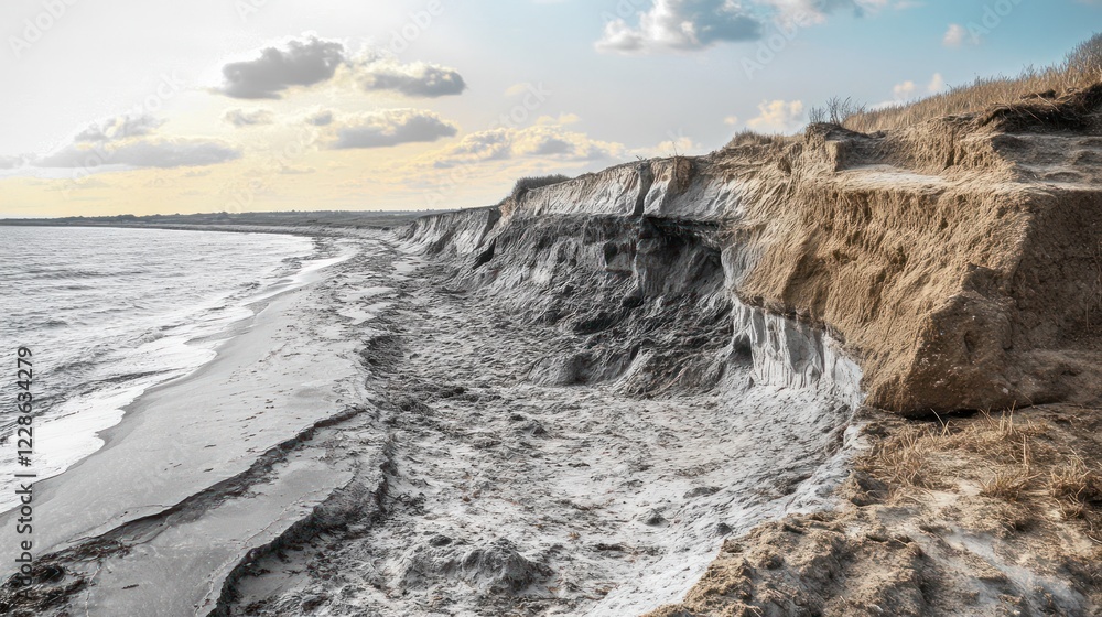 Fototapeta premium Eroded coastal cliff with sandy beach and overcast sky.