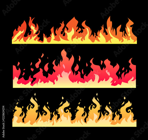 Burning bonfire or campfire border effects flat vector set, cartoon red flame of fire with sparks, devouring background