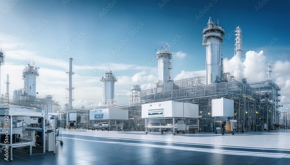 Obraz premium A modern industrial scene featuring towering structures, pipes, and equipment under a clear sky, showcasing advanced technology and engineering.