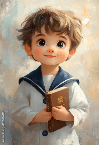 Boy in Sailor Uniform Holding Book for First Communion Celebration photo